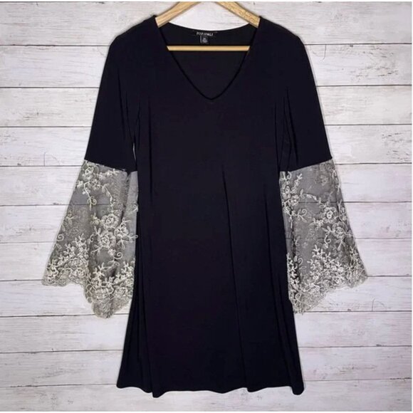 Roz & Ali Little Black Elegant Bell Sleeve Shift Dress Size 1X 16 Wedding Plus - Picture 2 of 8